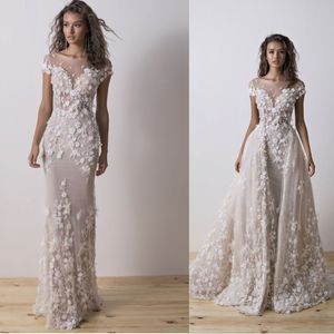 Elegant 2020 Champagne Lace Applique Ball Gown Bröllopsklänning Korta ärmar Sexiga Mermaid Bridal Gowns Party Dresses Overkirts