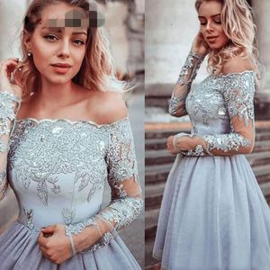 Grey Lace Cheap Graduation Dresses Cheap Ball Gown 2019 Long Sleeve Illusion Off Shoulder Short Prom Homecoming Sweet 16 Dress Vestido