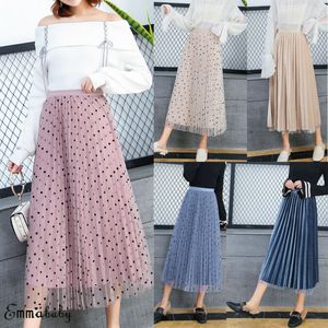 폴카 도트 Pleated Maxi Skirt 2019 가을 새로운 여성 높은 허리 긴 스커트 Preppy 한국어 스타일 여성 메쉬 벨벳 양방향 스커트
