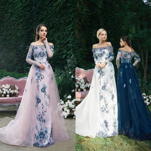 Charming 2019 Evening Gowns 긴 소매 레이스 스윕 기차 가운 드레싱 오버 턱시리 Tulle Off Shoulder Evening Dresses