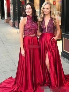 Luxury Beaded Red Two Piece Prom Dresses Halter Plunging V Neck Satin Sweep Train High Slit Custom Made Formal Evening Gown Plus Size