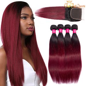 Capelli umani lisci brasiliani 1b / 99j con chiusura Ombre fasci di capelli lisci bordeaux con chiusura in pizzo 4x4 Gagaqueen