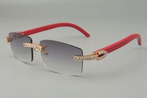 Luxuriöse, modische weiße Sonnenbrille mit großen Diamanten, natürliche Birkenholz-Sonnenbrille mit roten Bügeln 352412-B, Sonnenbrillengröße: 56–18–135 mm