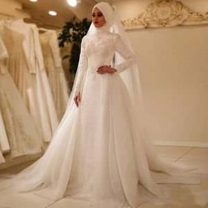 Stylish Muslim Lace Overksirt Wedding Dresses High Neck Appliqued Long Sleeves Bridal Gowns A Line Sweep Train Sequined robe de mariée