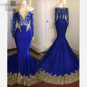 Royal Blue and Gold broderade formella klänningar 2021 aftonklänningar långärmad av axel lång spets prom klänning kväll slitage vestido de