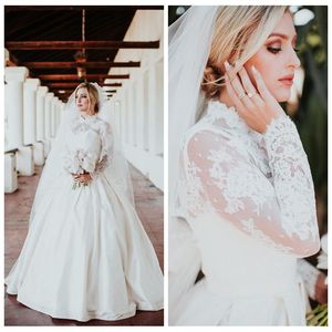 Vintage High Neck Ball Dresses Lace Satin Applique Long Sleeves Floor Length Country Wedding Bridal Gown Vestido De Novia