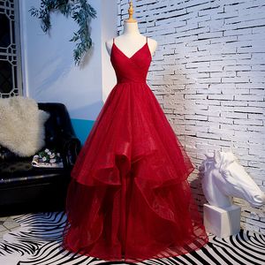 Сексуальные красные оборки Quinceanera платья спагетти ремни спинки платья выпускного вечера платья партии