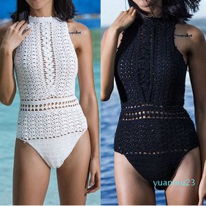 Дизайнер-VCrochet Купальники Женщины One Piece Купальники Sexy рукавов Backless высокой талией Купальные костюмы Летний пляж Вязание Bodysuits