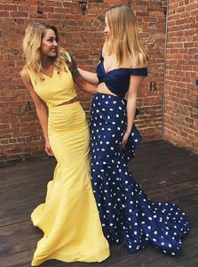 2019 Hot Yellow Mermaid Dresses Long Two Satin V-Tech Cocktail Party Dress Vestidos de Novia Evening Virtals Girls Long