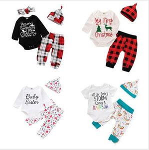 Kinder Designer Kleidung Jungen Weihnachten Plaid Kleidung Sets Floral Brief Gedruckt Strampler Hosen Hut Stirnband Langarm Tops Hosen Anzüge c6609