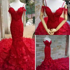 2019 Red Evening Dresses Spaghetti Lace Appliques Pearls Tassel Floral Flowers Gorgeous Prom Dress Custom Made Formal Party Gowns