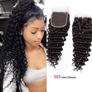 Cabelo virgem da Malásia 5 por 5 encerramento da renda Médio Três Parte Free Deep Wave Deep Curly Cinco por cinco principais fechamentos