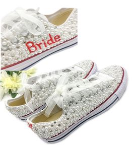 Krajowe buty ślubne Kobiety Handmade Kryształy Perły Trampki Bridal Płaskie Buty Płótno Plimsoll Buhesmaid Sneaker Buty Rozmiar 34-44