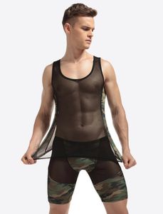 Camuflagem casual homens sexy short set respirável ver através de roupa interior malha patchwork magro encaixar pijama boate festa apertada ternos