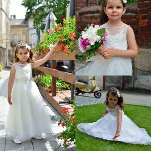 Sequins Applique Flower Girls Klänningar Sheer Jewel Neck Ärmlös Tjej Pageant Klänningar Ankel Längd Födelsedagklänningar