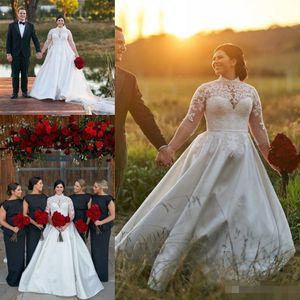 Plus Size Vintage Dresses High Collar Lace Applique Satin Long Sleeves Illusion Floor Length Country Wedding Gown