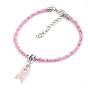 Nyankomst Partihandel Rosa Läder Bröstcancer Armband Rosa Band Berlock Armband Awareness Smycken för Cancer Center Foundation Gåvor