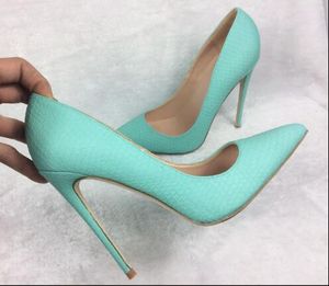 Hot Sale-fashion women pumps Mint Green snake printed point toe high heels thin heel shoes genuine leather real photo wedding shoes