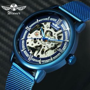 Vinnare Officiell Fashion Casual Men Mechanical Watch Blue Mesh Strap Ultra Thin Skeleton Mens Klockor Top Brand Luxury Clock 2019 CJ191217