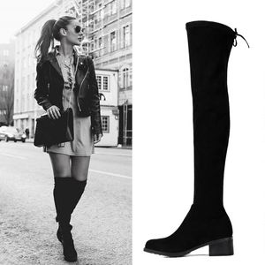 Classy Suede Designer Kvinnor Lår Hög Stövlar Chunky Heels Pekade Toe Vinterskor Bekväm Stretch Black Warm Boot