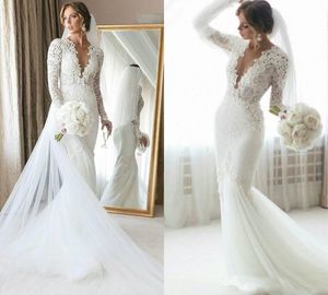 2019 Deep V Neck Mermaid Wedding Dresses Lace Applique Long Sleeve Sweep Train Plus Size Wedding Dress Pearls Plus Size Country Bridal Gowns