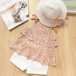 Yeni bebek kız giyim setleri 2019 Yaz Çocuk Giysileri Çiçek Şifon Yular+İşlemeli Şort Saman Giyim