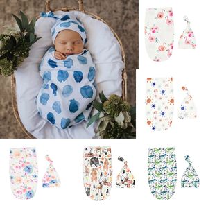 6 Styl Toddler Infant Ins Swiaddle Boys Girls Bear Dinozaur Koc + kapelusz 2 sztuk / zestaw Noworodek Noworodek Miękki Bawełniany Sleep Worek Śpiwory M1848