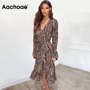 Aachoae Long Dresses 2020 Women Zebra Print Beach Bohemian Maxi Dress Casual Long Sleeve V Neck Ruffles Party Dress Vestidos CX200707