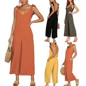 Spot Jumpsuits European and American women's cropped pants explosion models bow suspenders jumpsuit women solid color casual