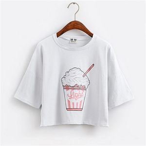 Oネック新夏新原女性Tシャツアイスクリーム韓国風の綿のゆるいクロップトップスkawaii t棒の女性ティートップ