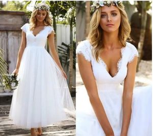 2024 Summer Beach A Line Wedding Dresses Deep V Neck Lace Appliques Tulle Cap Sleeve Puffy Ankle Length Plus Size Formal Bridal Gowns