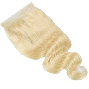 613# färg brasiliansk 100% mänskligt hår 7*7 spetsstängning gratis del silkeslen rak kroppsvåg 16-24 tum blond färg