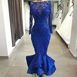 Illusion Off Ramię Długie Rękawy Suknie Wieczorowe Zroszony Perły Aplikacje Syrenka Prom Dress Herbata Długość Kobiety Party Vestidos