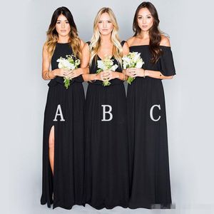 Simple Black Bridesmaid Dresses Chiffon Bohomian Off the Shoulder V Neck Halter Side Slit Beach Wedding Guest Dress Maid of Honor Gown