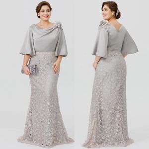 Gümüş Plus Boyut Denizkızı Dantel Yarım Kollu Beateau Boyun Düğün Konuk Elbisesi Kat Uzunluğu G2801 ile Gelin Elbiselerinin Annesi