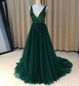 Sexig V-ringning A-Line Long Evening Dresses Seqin Pärled Zipper Back Formal Evening Gowns Plus Size Prom Dresses Vestido de Noche DH4280