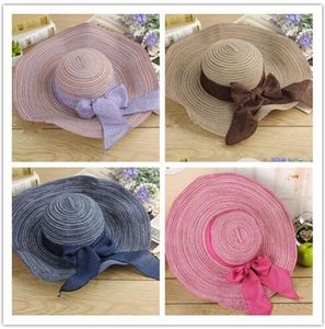Kvinnor f￤rgglada stora grimma str￥hattar soliga breda brim hattar nya bowknot f￤llbara strandm￶ssa hattar kvinnor sommar