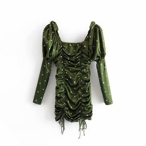 Şık Tatlı Yeşil Polka Dot Dantelli Elbise Sevimli Kadın Kare Yaka Elbiseler Rahat Vestidos Kızlar Için Streetwear Kıyafet 210520