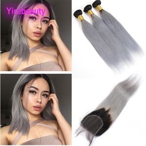 Malaysian Human Hair 3 Bundles With 4X4 Lace Closure Straight Hair 1B/Grey 4 Pieces/lot Hair Extensions With 4*4 Closure 10-26inch