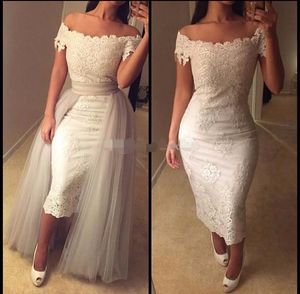 Vintage Lace Saudiarabiska Korta Prom Klänningar Med Avtagbar Kjol Stropplös Av Skulder Te Längd Dubai Evening Dress Abendkleider