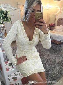2023 Ivory Lace Womens Dresses Cocktail Party Gowns Full Sleeves Sexy V neck vestidos Mini Formal Gowns Robe de Cocktail Dress Pearls 323