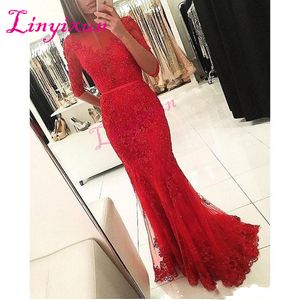 2018 Röd Billiga Mermaid Prom Klänningar Sheer Crew Ruched Half Sleeves Tulle Prom Gown Appliques Belt Lace Beaded Sweep Train Aftonklänningar