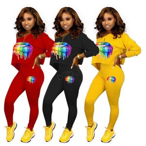 Mulheres Lip Impressão Treino Moletom Com Capuz Manga Longa pullover Tops Calças Calças inclinada ombro Duas Peças Outfits set Casual Esporte Terno LJJA2980