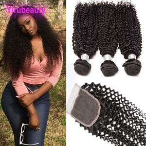 Cabelo humano brasileiro crespo encaracolado 3 pacotes com fechamento de renda 4x4 extensões de cabelo encaracolado crespo tramas com fechamentos superiores