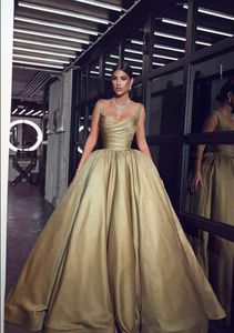 2019 Gold Square Neck Evening Dresses Golvlängd Prom Party klänning RUCHED BALL GOWN Formell tillfälle klänningar