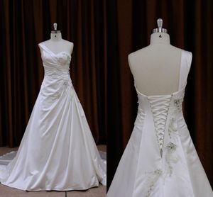 2019 White Satin One Shoulder Wedding Dresses Pearls Crystal Beaded Pleats Draped Lace-up Wedding Guest Dress bridal Gowns Custom Made