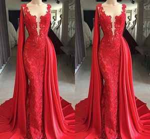 Long Red New Arrival Lace Mermaid Prom Dresses Watteau Train Sheer Neck Formal Dress Evening Gowns vestidos de fiesta robes de bal