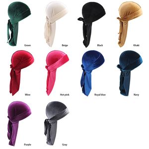 Atacado Velvet Durag Cap para mulheres Soft Turban Hat headwraps com cauda extra longa preta azul doo du trapo acessórios de cabelo