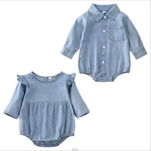 Baby Girls Rompers Kids Cowboy Triangle Jumpsuit Infant Turn-down Collar Denim Onesies Toddler Long Sleeve Bodysuits Climb Clothes YP887