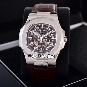 Novo Clássico 5711 Caixa De Aço Esqueleto Marrom Grande Logotipo Ásia 2813 Automático Mens Watch Brown Pulseira de Couro Relógios Puretime 12 Colos PB307a1